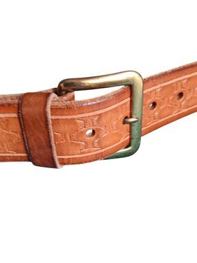 Vintage 28 X-Small Belt 1970's Genuine Leather Embossed Belt Brass Buckle Hippie
